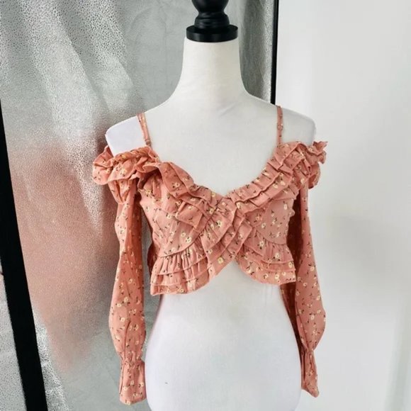 Pink Floral Print Long Sleeve Cold Shoulder Ruffle Crop Top - Picture 8 of 16